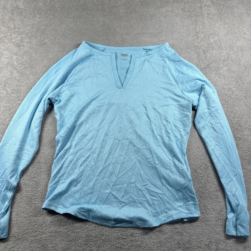 Jenni Intimates Solid Ribbed Long Sleeve Split‎ V-Neck Women's Top Size L NWT